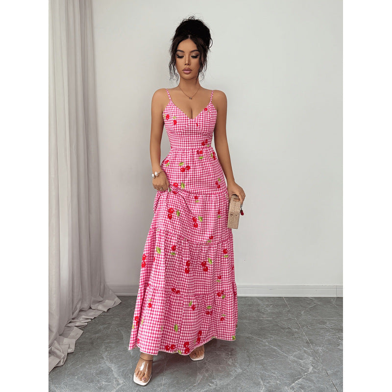 Women's summer new fashion elegant plaid bow tie cinched waist tiered maxi slip dress