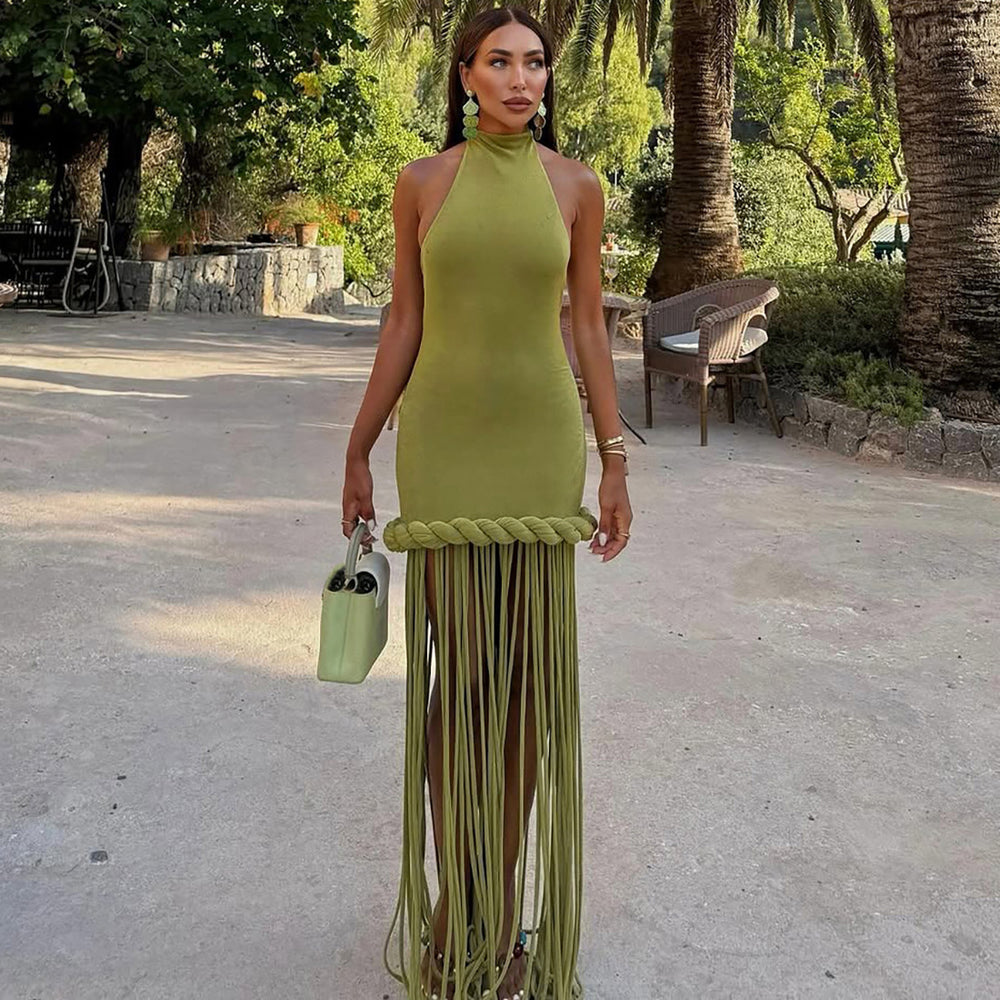 European and american style women's summer  new fashion halter tassel design backless sexy slim-fit dress wholesale