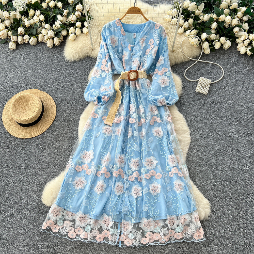 French court style heavy embroidery mesh dress - women's autumn tie-waist v-neck lantern sleeve elegant mini dress
