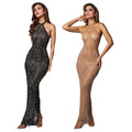 C7108 cross-border   fashion women's hotfix rhinestone bodycon sexy halter neck maxi dress