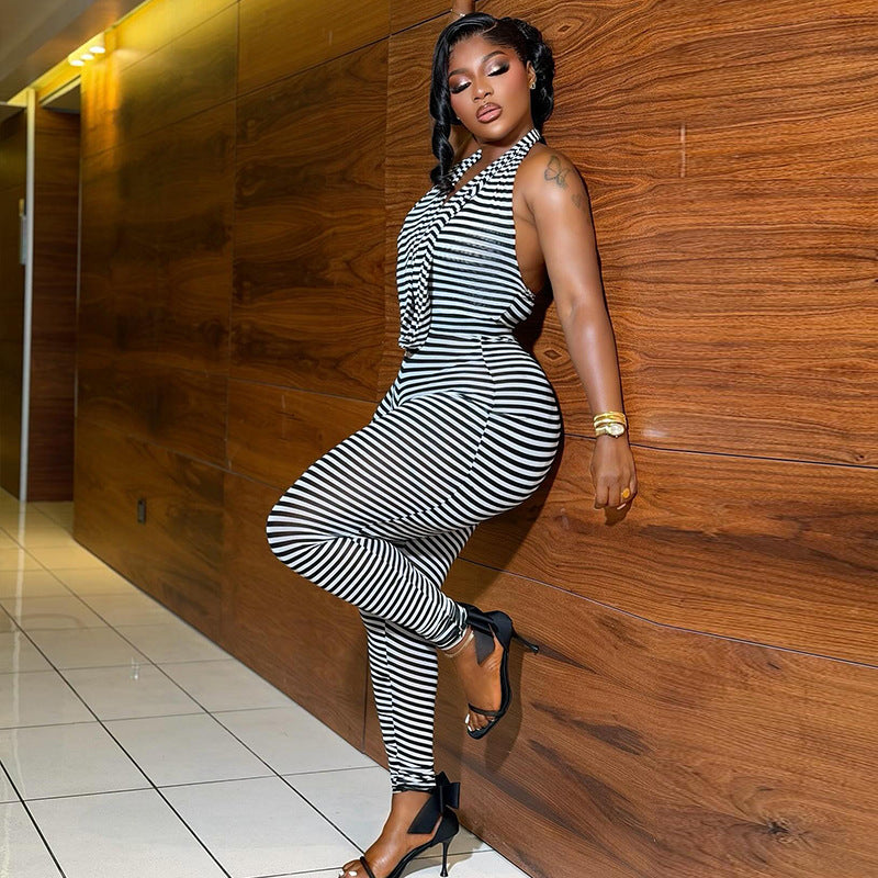 European and american style cross-border striped print women's bodycon pleated loose fit sporty jumpsuit - going out high neck long romper