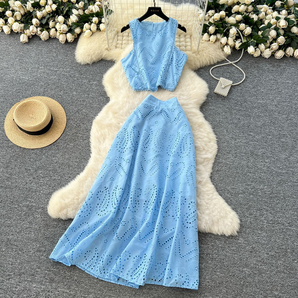 French retro hollow-out crochet design set for women: sleeveless tank top + high-waisted elastic waist flared midi skirt