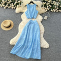 French retro hollow-out crochet design set for women: sleeveless tank top + high-waisted elastic waist flared midi skirt