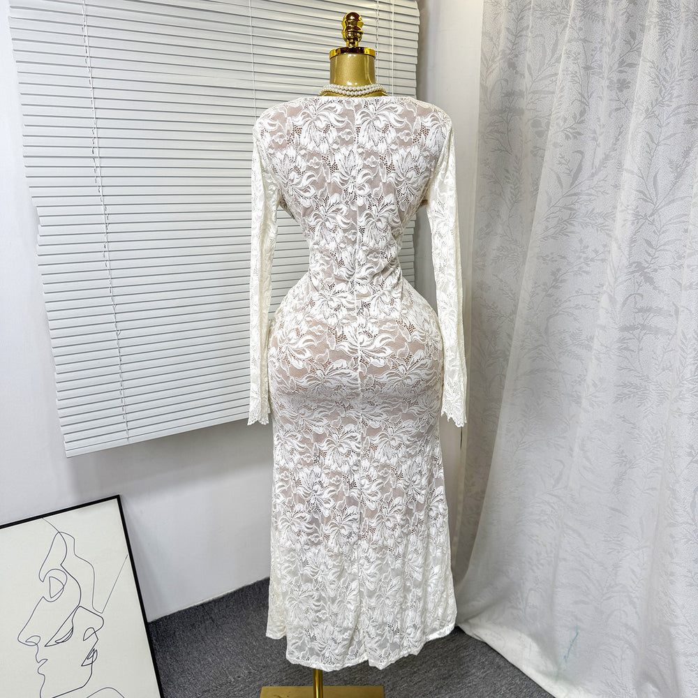 Autumn french chic sexy lace cutout v-neck long sleeve slimming fishtail maxi dress for women (export)
