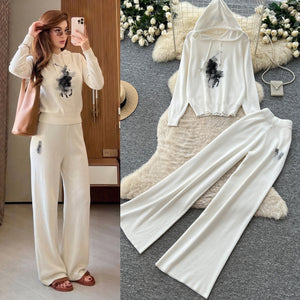 Lazy style knitting shirtsuit for women autumlooseeasiest for matchhoodedsweaterhigh waistslimming lookloosestraight-leg pants