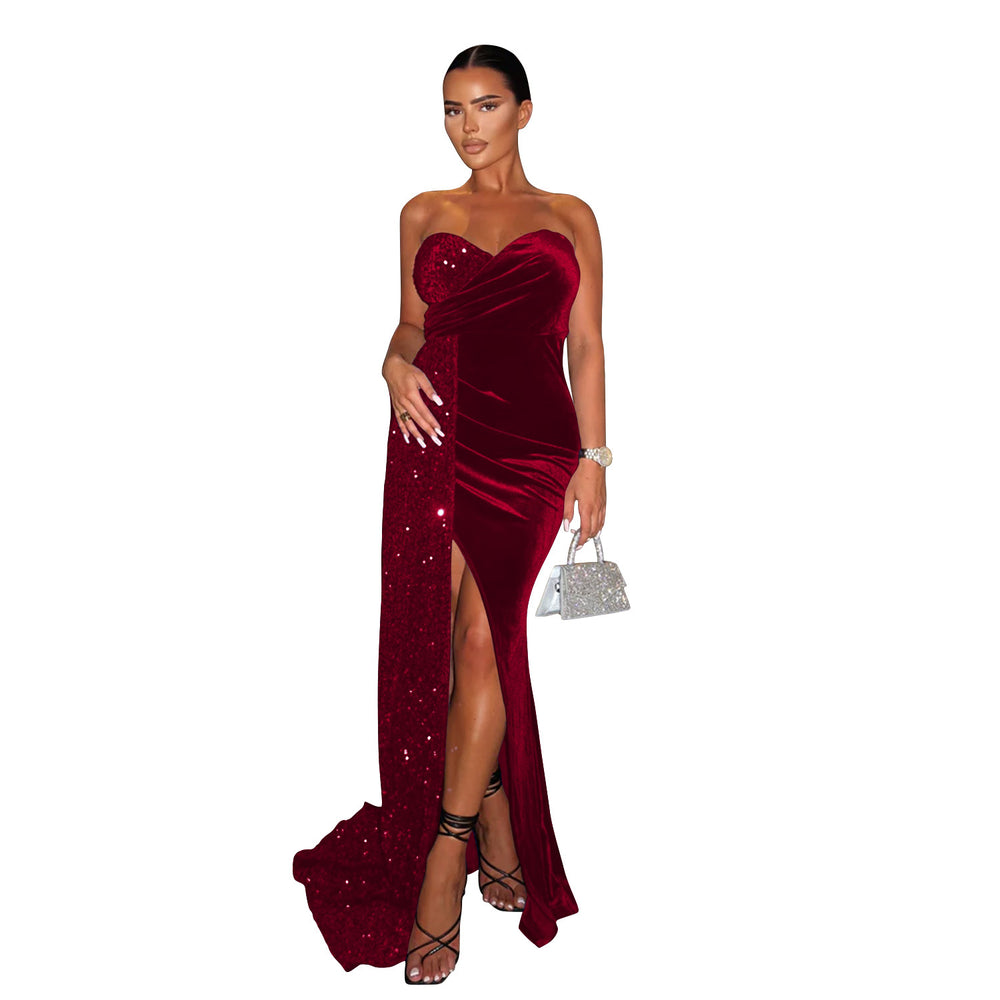 C6712 cross-border   fashion women's sexy sequin patchwork wrap dress