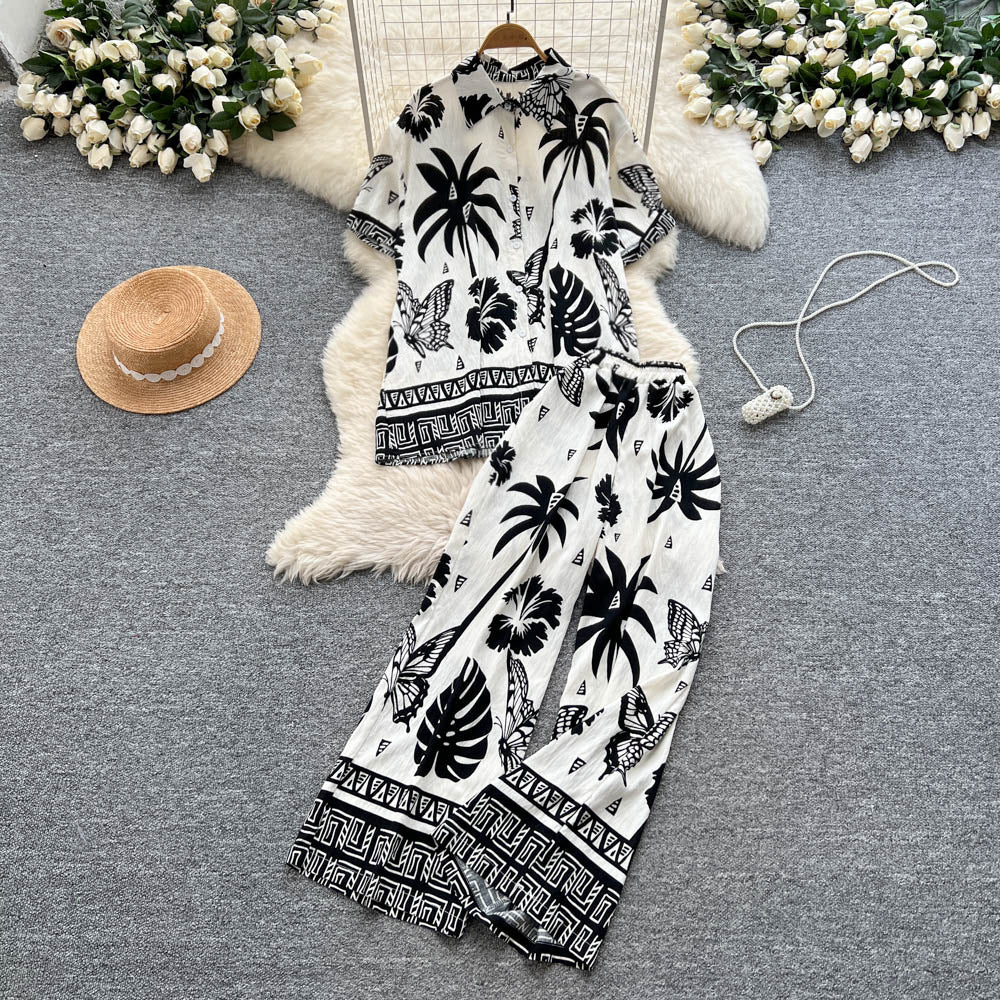 Bohemian style printed short-sleeve polo shirt + elastic waist wide-leg slimming straight-leg pants power suit