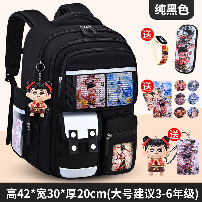 New nezha backpack for boys and girls, grades 1-6: spine protection, lightweight design, and extra-large capacity