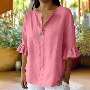 cross-border fashion summer new arrival women's loose casual shirt v-neck cotton linen button-down top