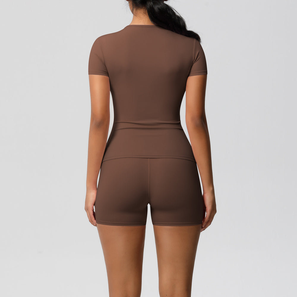 New arrival cross-border fashionpure color double-sided nylon brushed short-sleeved yoga suit sports running fitness two-piece set