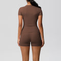 New arrival cross-border fashionpure color double-sided nylon brushed short-sleeved yoga suit sports running fitness two-piece set