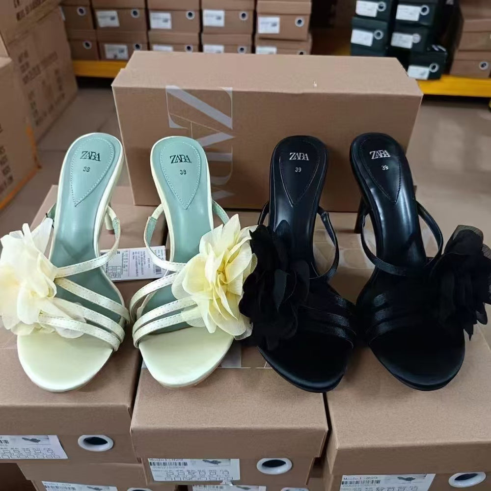 Za2024 summer new women's shoes floral decorated thin strap high heel sandals casual versatile fashion sandals for women