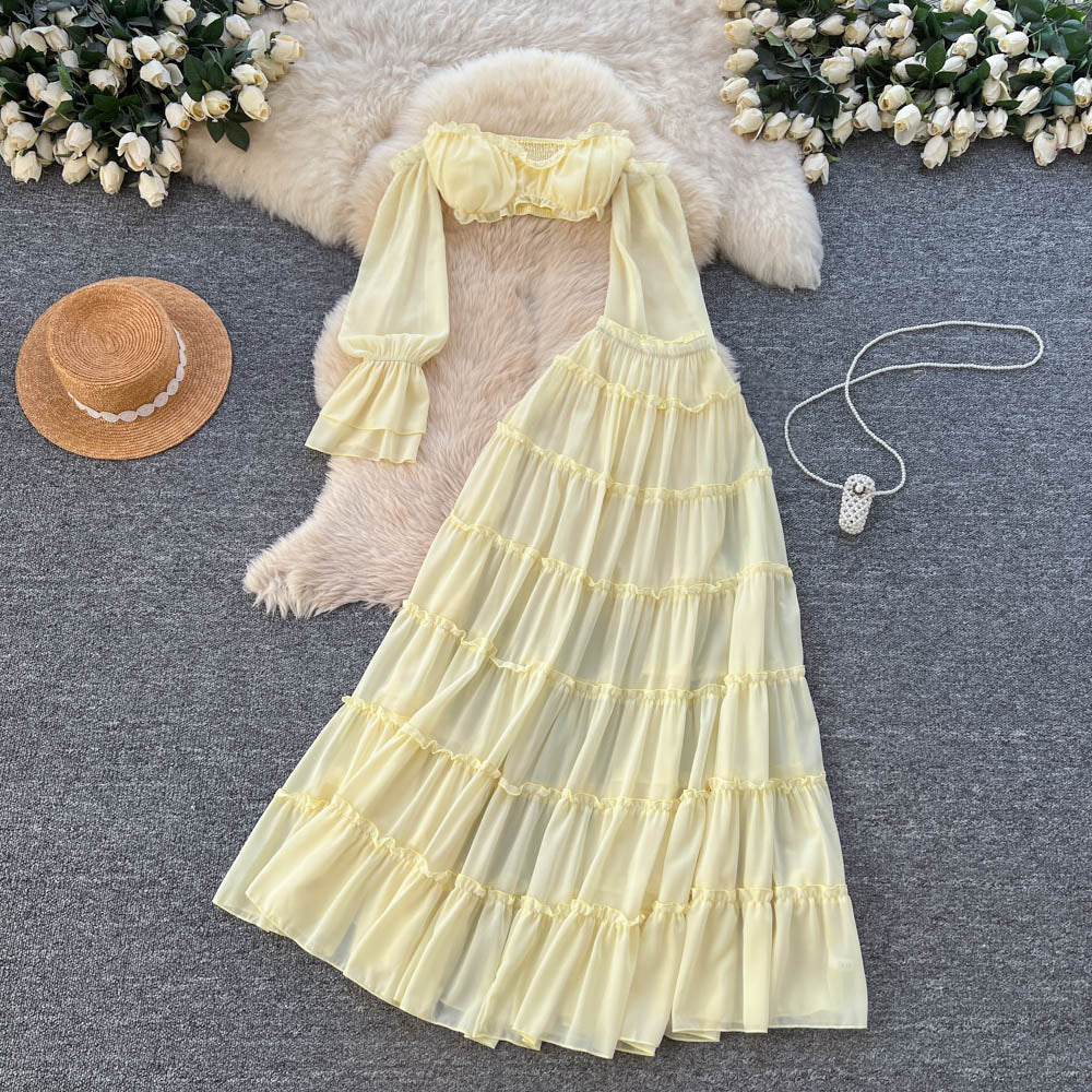 Vacation style elegant one shoulder shorttube top navel exposed chiffon tops high waistruffles skirt hot girl suit