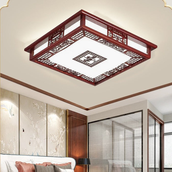 Chinese bedroom ceiling lamp square solid wood antique classic led sheepskin lamp round bedroom dining room Chinese style lighting