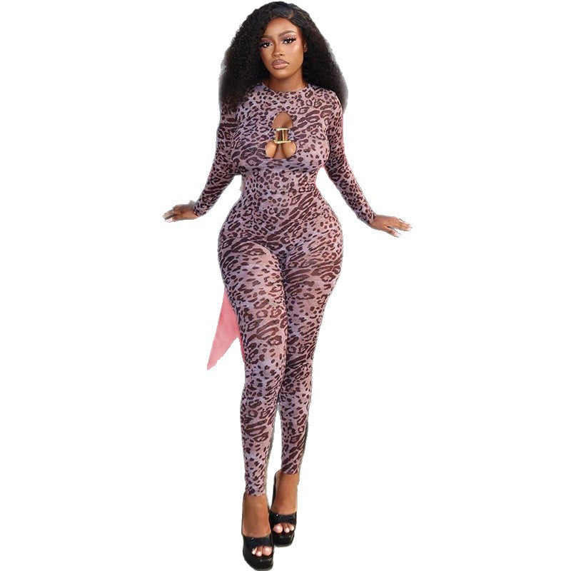 Nightclub style stylish leopard print women's digital printing tight long jumpsuit cut outbackless high collar long sleeves jumpsuit