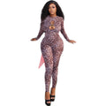 Nightclub style stylish leopard print women's digital printing tight long jumpsuit cut outbackless high collar long sleeves jumpsuit