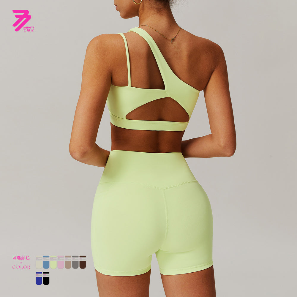 breathable quick-drying tight-fitting yoga clothes flap pocket pants running sports suit diagonal shoulder naked fitness suit6425