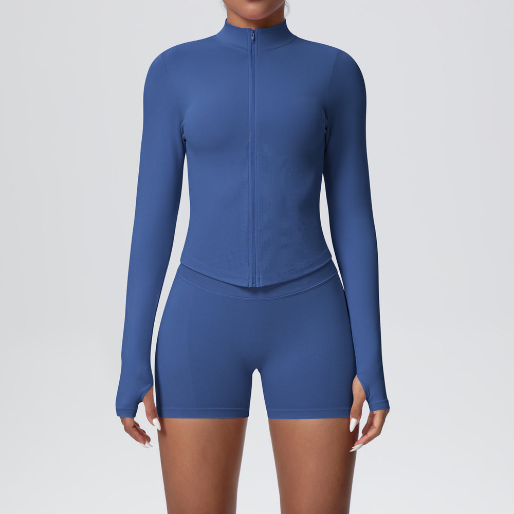 New seamless stand collar knit long sleeve zipper yoga outfit high waist tight sports outdoor running fitness set for women