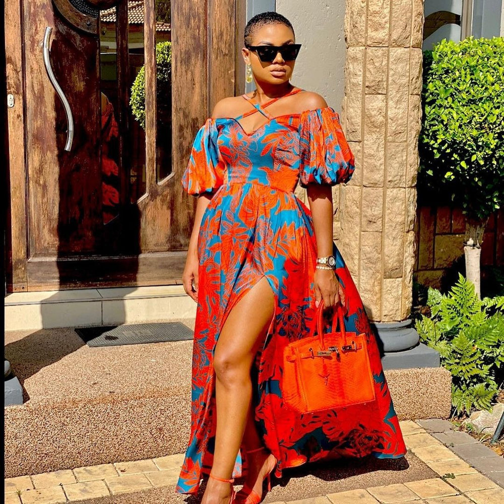2025 new spring/summer cross-border amazon fashion: women's printed slit bandeau halter v-neck maxi dress