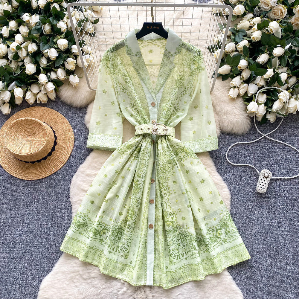 Frenchretrofashionable suit collar half length sleeves strap waist printingdress women's summer slimming look single-breasted short skirt