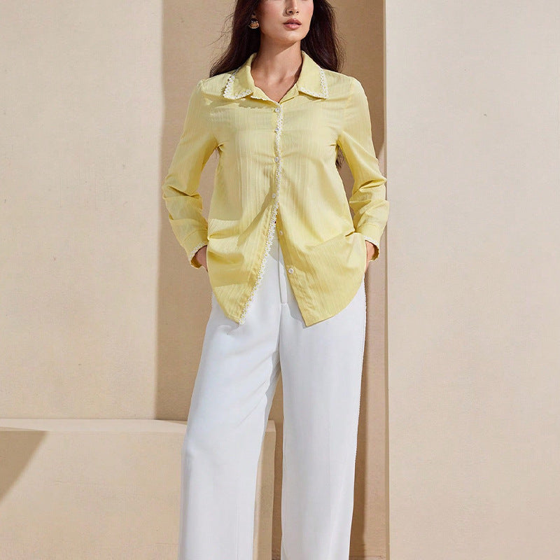 Ruihu 2025 Cross-border  Independent Station Foreign Trade European and American Temperament Lace Long Sleeve Shirt Solid Color Cardigan Top