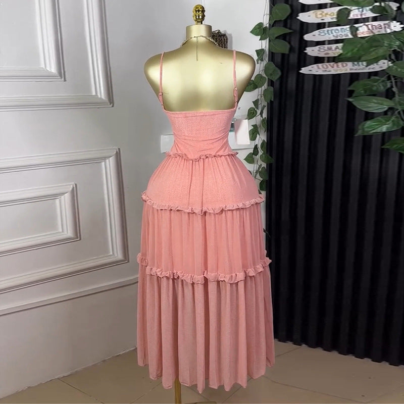 Fashion cross-border women's clothing  summer new style elegant holiday style waist-cinching fungus edge large skirt suspender dress