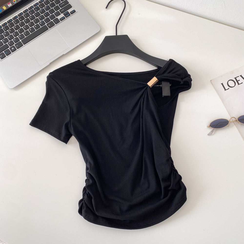 Korean style commute chic one-shoulder twist knot minimalist short sleeve t-shirt - women's summer loose fit, slimming design with ruched detail