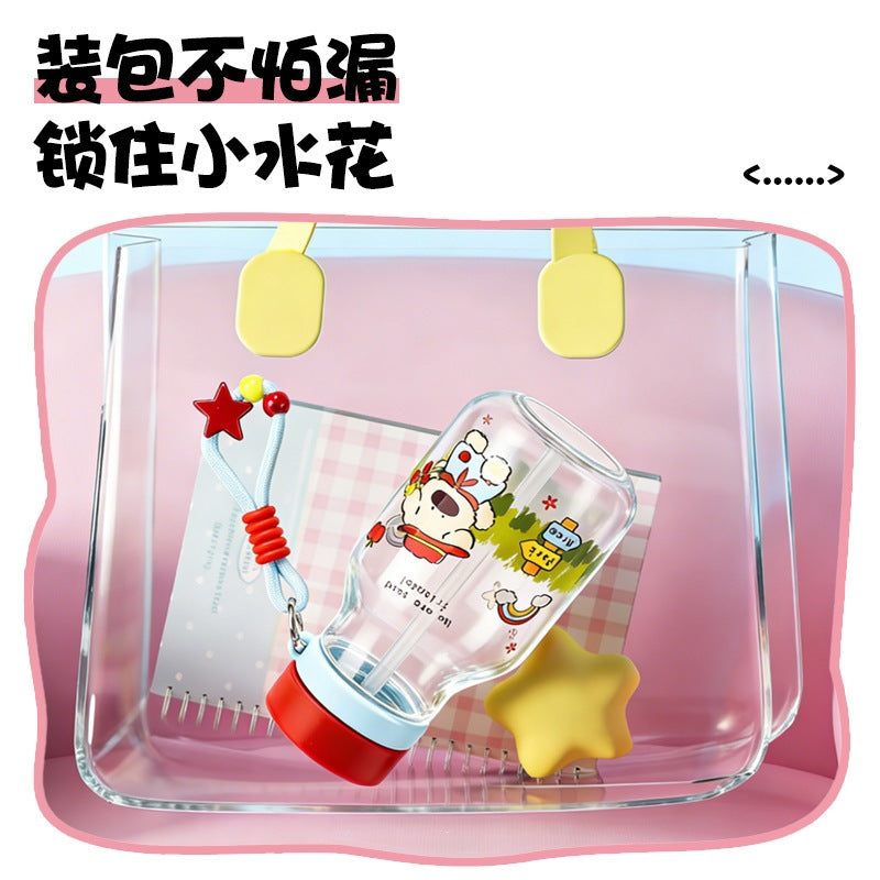 New arrivalsummer plastic straw water cup cartoon good-looking cute plastic cup outdoor portable portable rope cup
