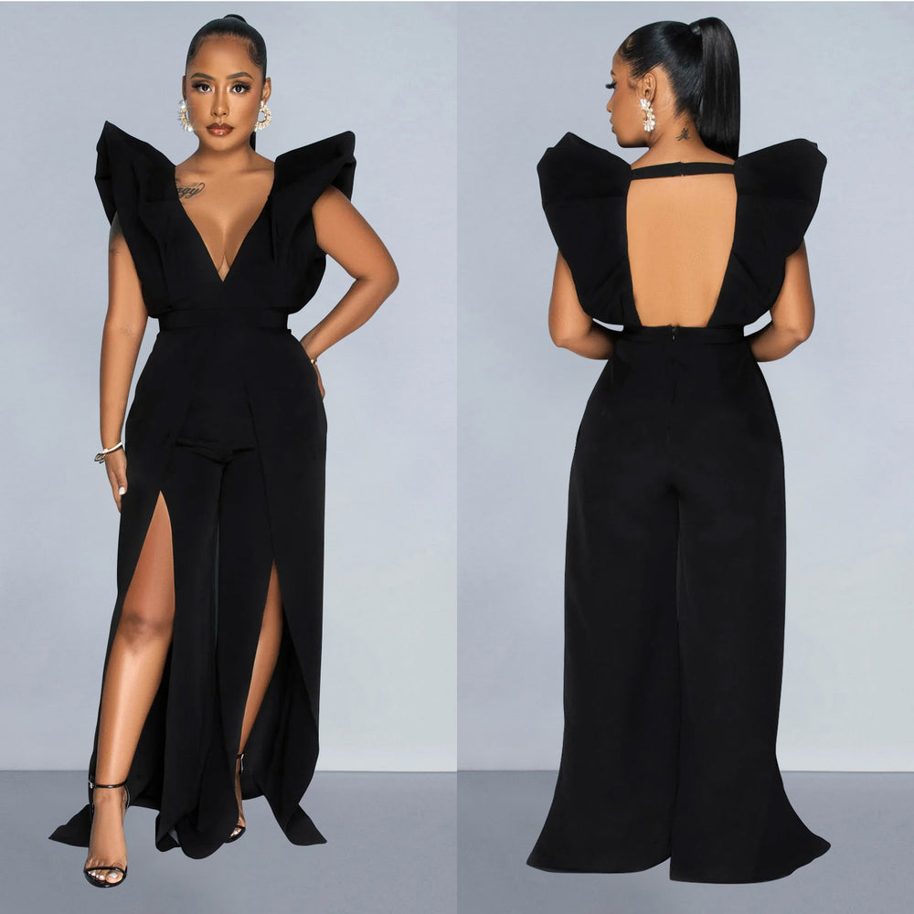 C6805 cross-border   fashion women's solid color sexy v-neck ruched long pants jumpsuit