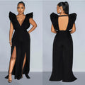 C6805 cross-border   fashion women's solid color sexy v-neck ruched long pants jumpsuit