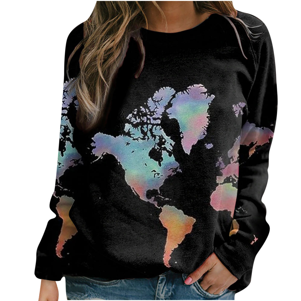 2026 amazon fashion women's o-neck map printing sweatshirt long sleeves tops in stock