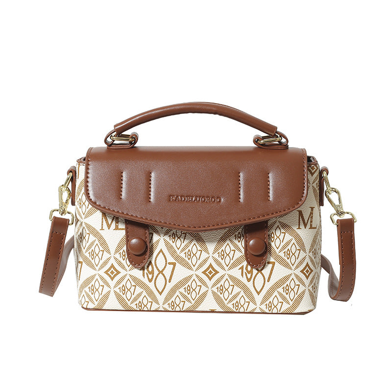 High-end retro print handbag for women, 2025 new color block fashion tote bag, shoulder bag, crossbody commuter small square bag