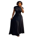 European and american cross-border african women's clothing  spring new arrival: elegant round neck pleated slim-fit long dress