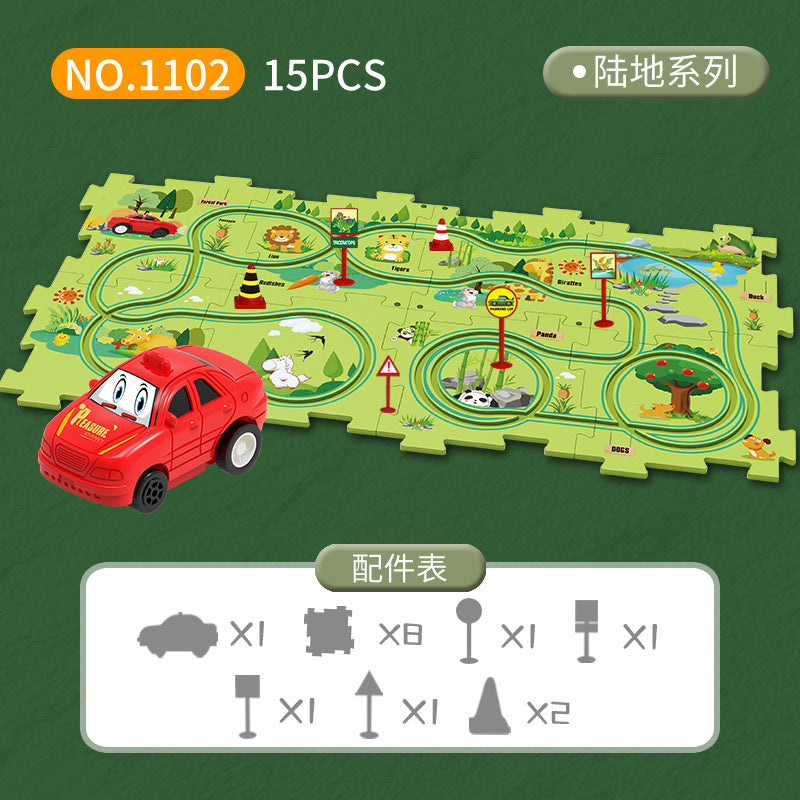 Diy children's educational track car set - multiple scene city map building electric puzzle track car