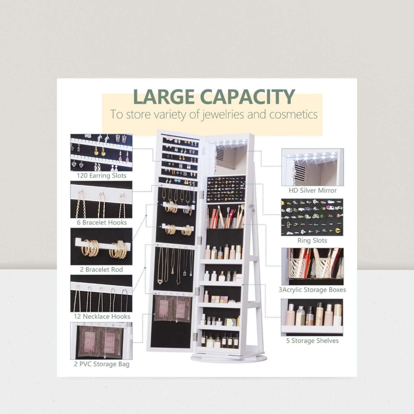 Solid wood rotating floor full body smart mirror jewelry storage cabinet bedroom wear fitting clothes makeup mirror with storage