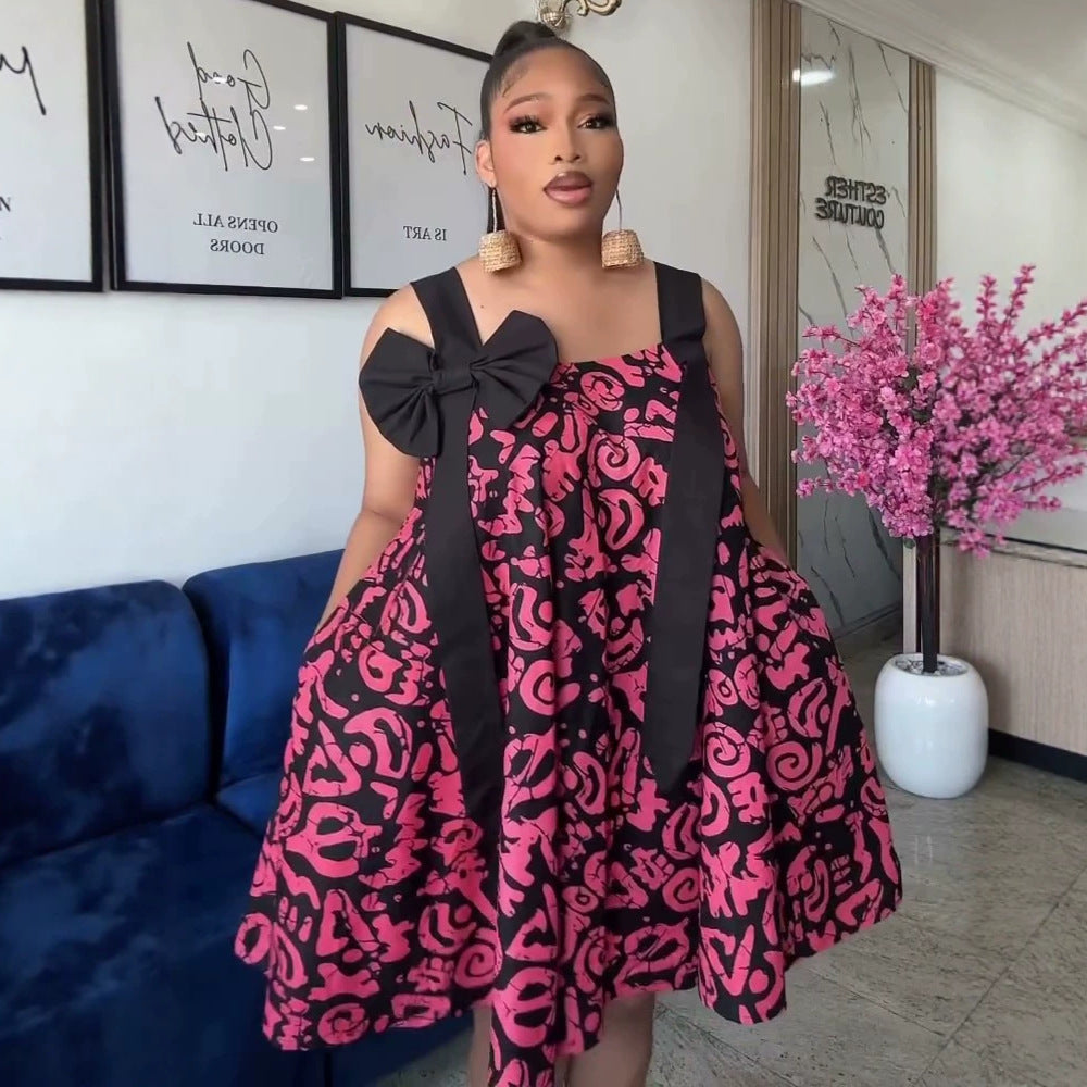 European and american cross-border african women's clothing  summer new fashion printed loose plus size bowknot suspender dress