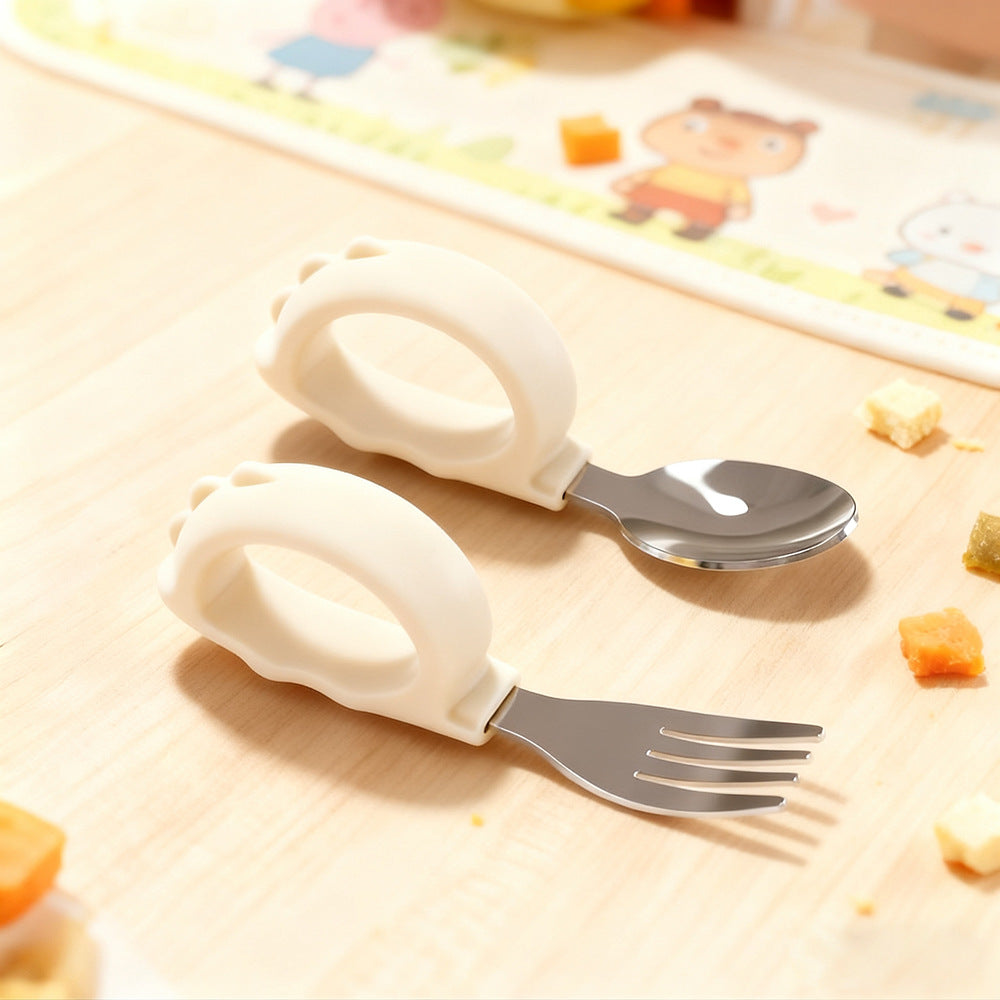 Wholesale children's stainless steel fork and spoon set, baby short-handled feeding fork and spoon, infant stainless steel training fork and spoon set