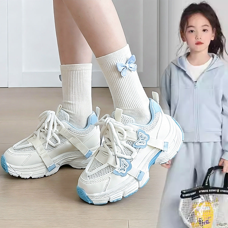 spring new butterfly embellished mesh kids' shoes, thick-soled non-slip children's chunky sneakers, girls' casual athletic shoes