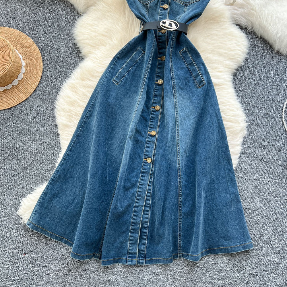 K-styleclassy lapel sleeveless single-breasted waist denim dress women's summerslimming lookelegantcasual long skirt