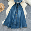 K-styleclassy lapel sleeveless single-breasted waist denim dress women's summerslimming lookelegantcasual long skirt