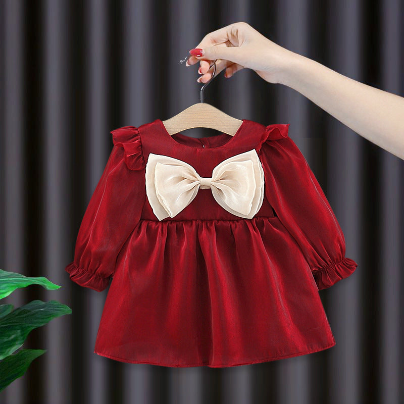 Girls' spring/autumn new korean style bowknot long-sleeve dress - princess style, chic and stylish skirt