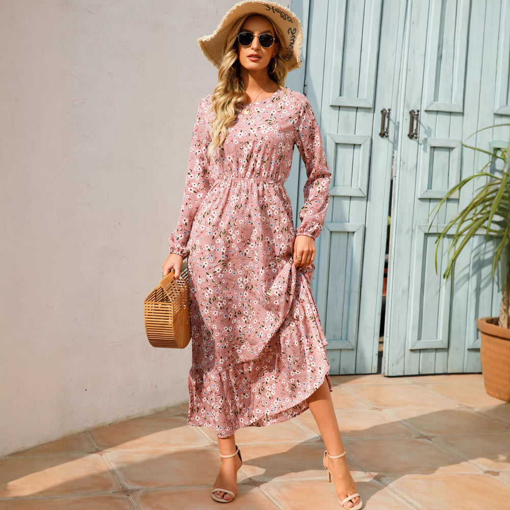 Shopee tk floral dress women's french round neck waist long light mature classysense slimming look cross-border early spring style