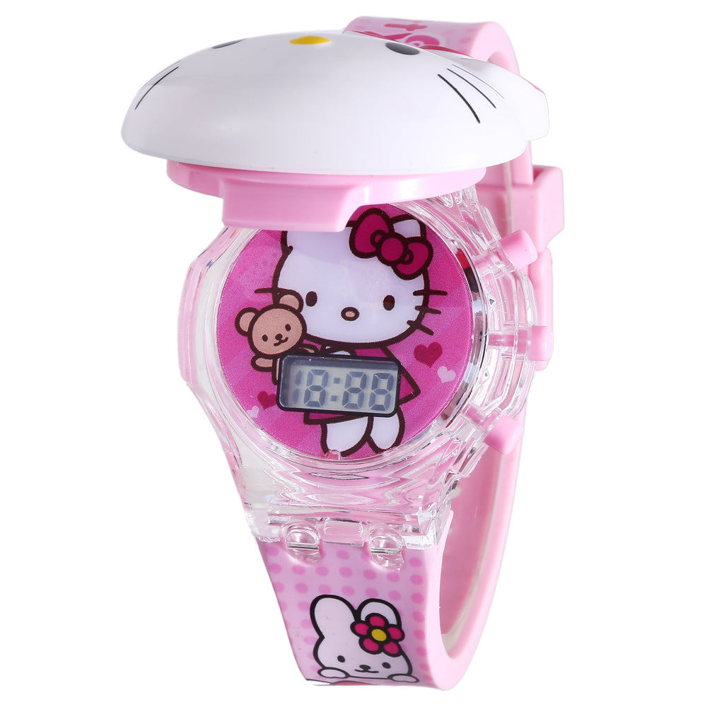 Kitty cat luminous music watch - frozen princess cartoon cute toy flip digital watch - gift for boys and girls