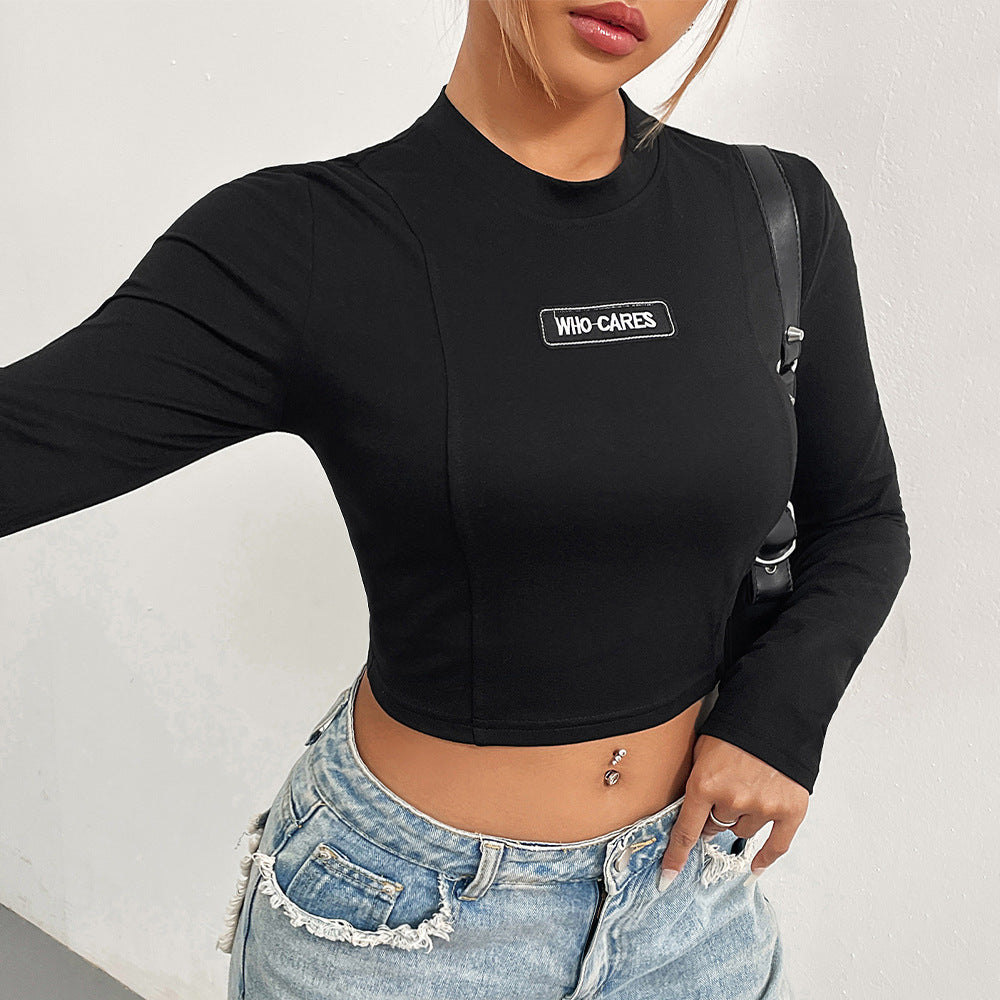 Cross-border European and American women's clothing 2024 autumn and winter solid color slim-fit ultra-short semi-turtleneck long-sleeved t-shirt American street top