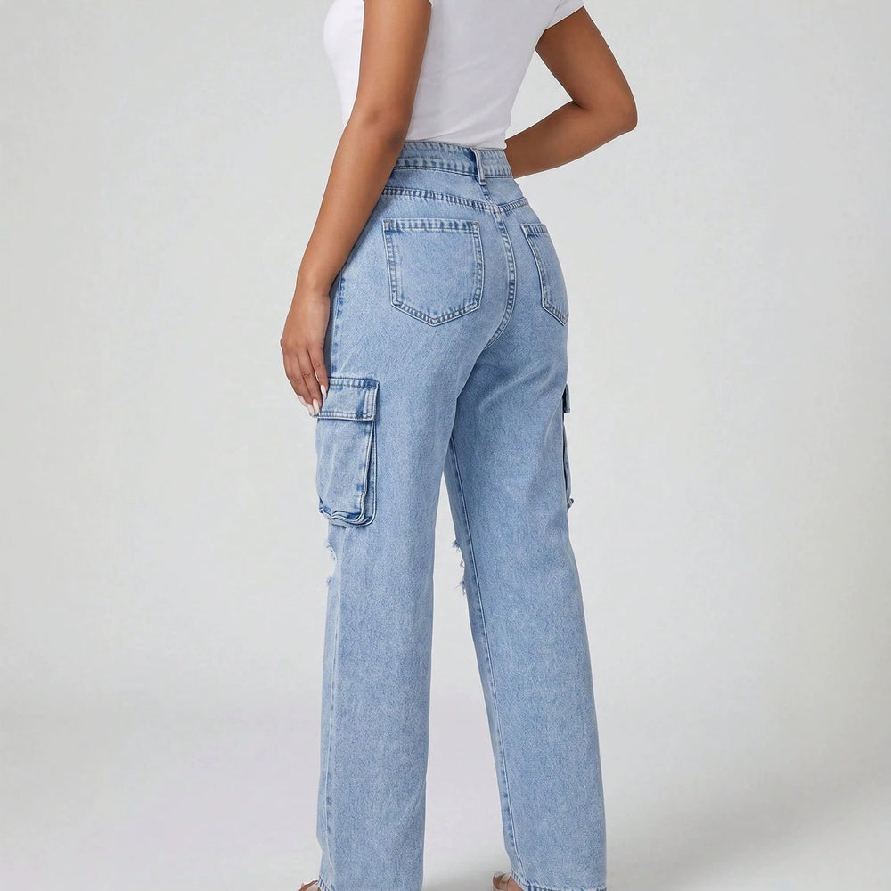 European and american style women's high-waisted distressed denim cargo pants - vintage washed straight leg jeans, american trendy women's denim trousers