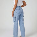 European and american style women's high-waisted distressed denim cargo pants - vintage washed straight leg jeans, american trendy women's denim trousers