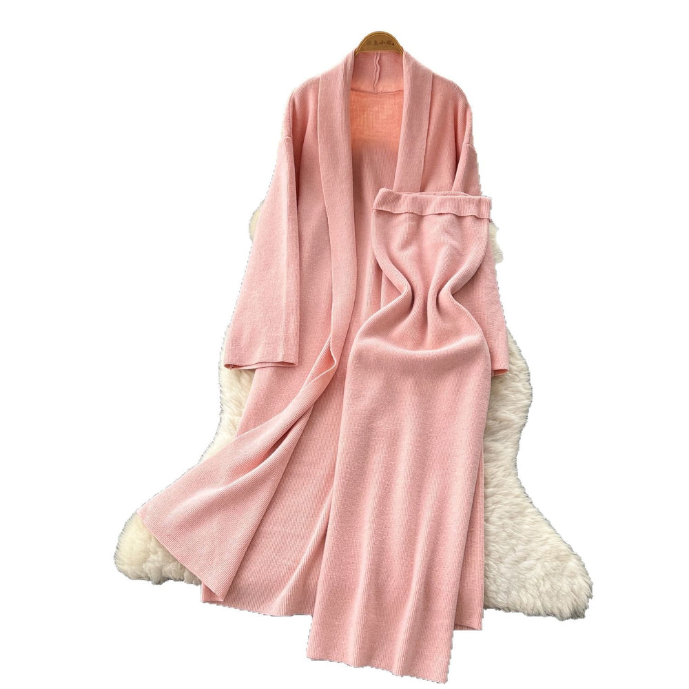 Minimalist solid color knitted mature woman's winter set: slim-fit bandeau dress with long cardigan coat