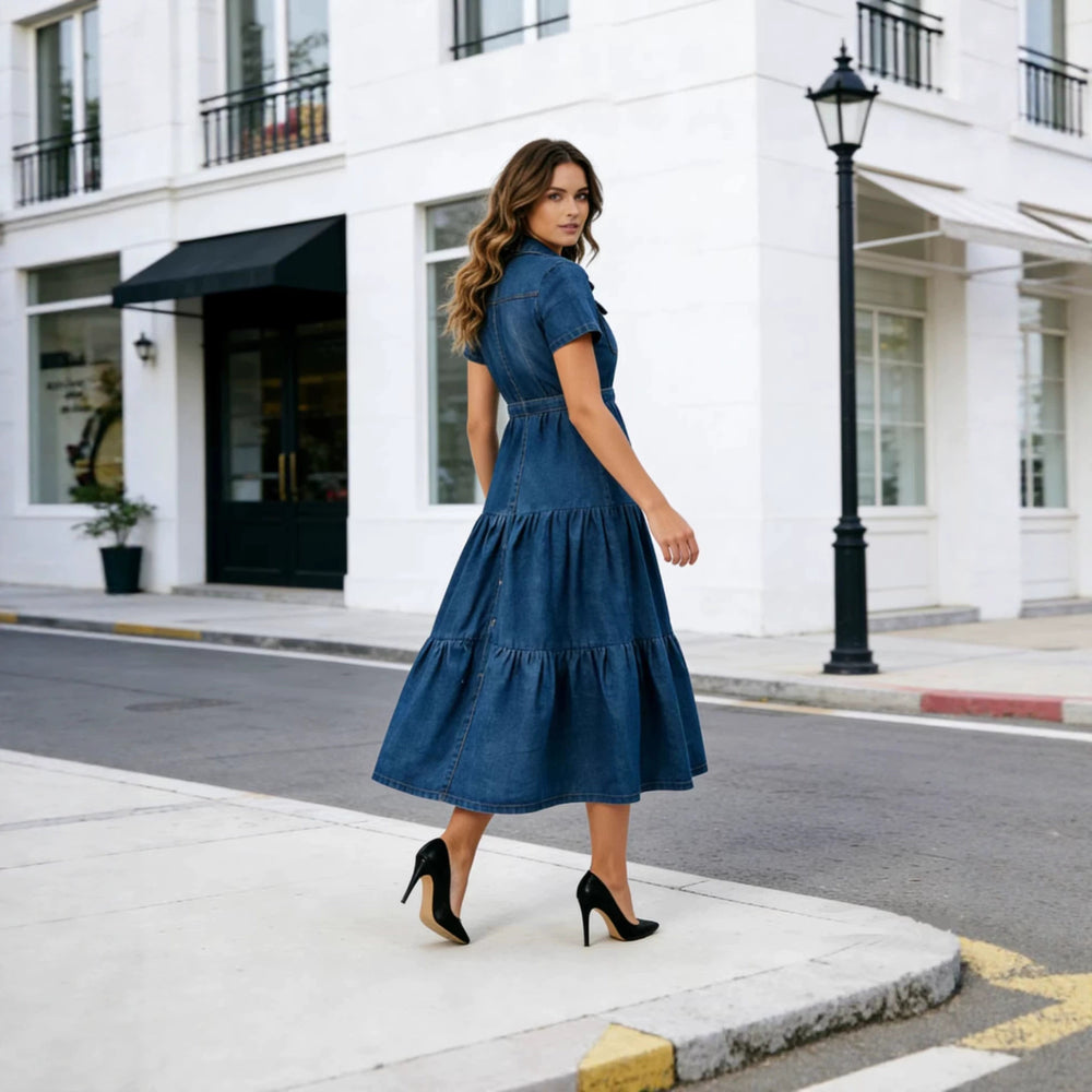 cross-border  new european and american casual short-sleeve denim dress, longline, cinched waist, plus size, trendy and fashionable