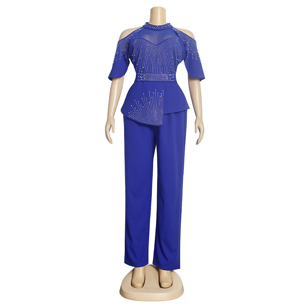 new rhinestone & beaded african  plus size women's autumn outfit: irregular top + pants two-piece set