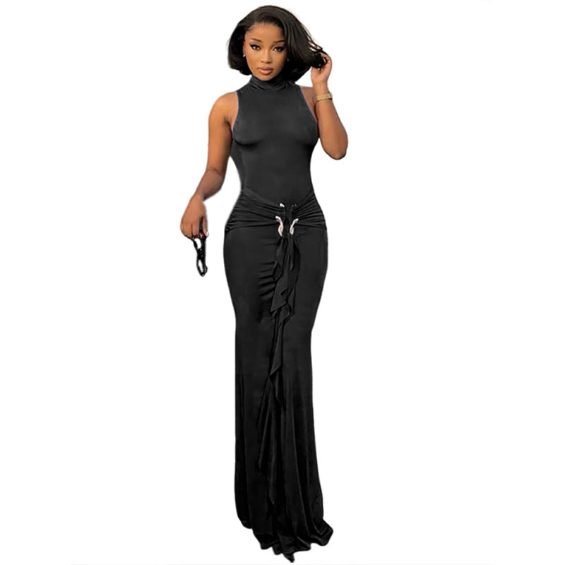 Europe, America and  2025 fashion new women's clothing solid color semi-turtleneck slim-fitting sexy metal buckle dress